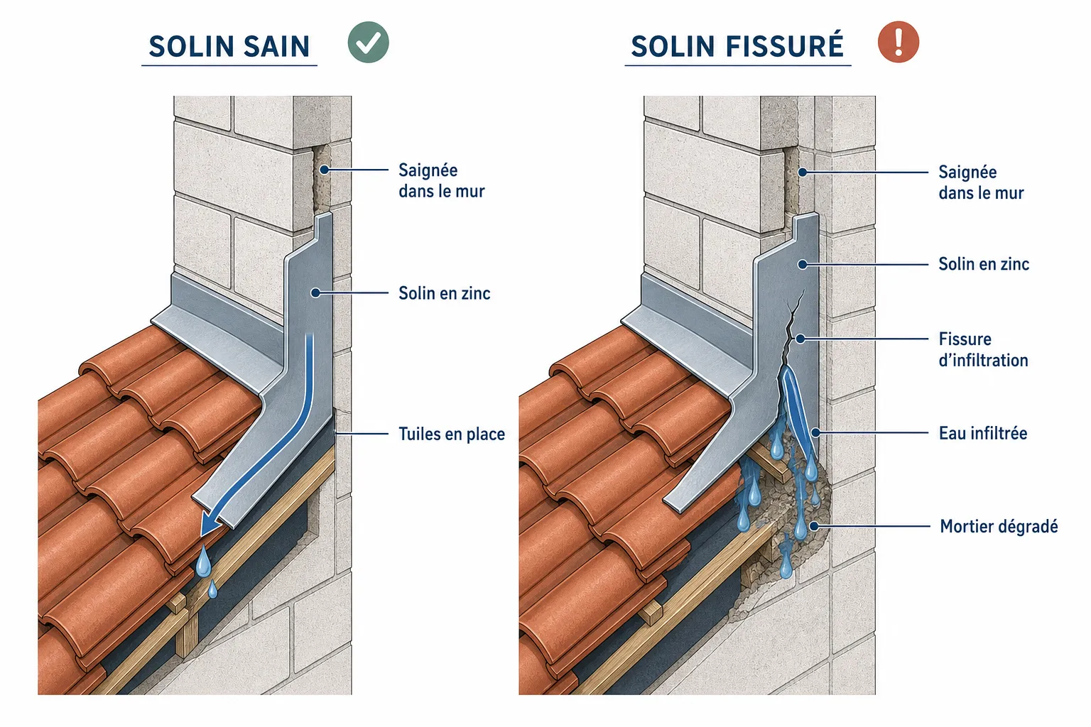 Solins de toiture : pourquoi ils fuient et comment les réparer